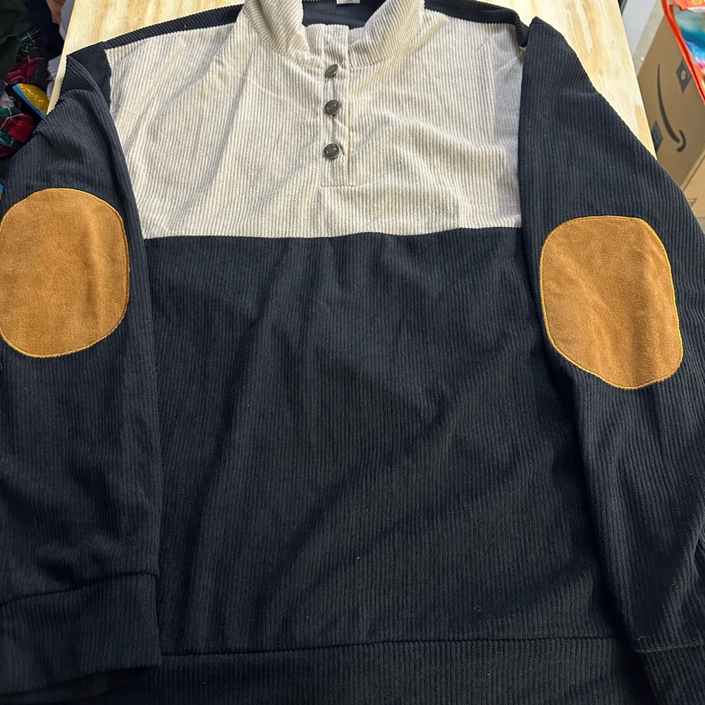 Corduroy Men's Black and Tan Color-block‎  Shirt with Elbow Patches Size L